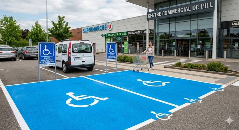 Marquage au sol accessibilité PMR pour places handicapées en locaux commerciaux à Strasbourg dans le Bas-Rhin
