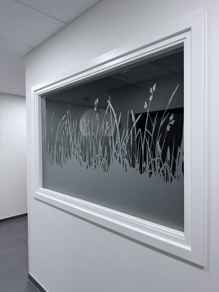 Décoration de vitrage intérieur en film dépoli occultant découpé avec motifs pour un hopital à Strasbourg en Alsace